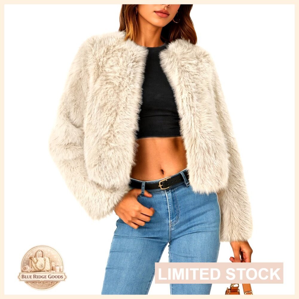 Women's Faux Fur Cropped Jacket Long Sleeve Fluffy Outerwear with Pockets
